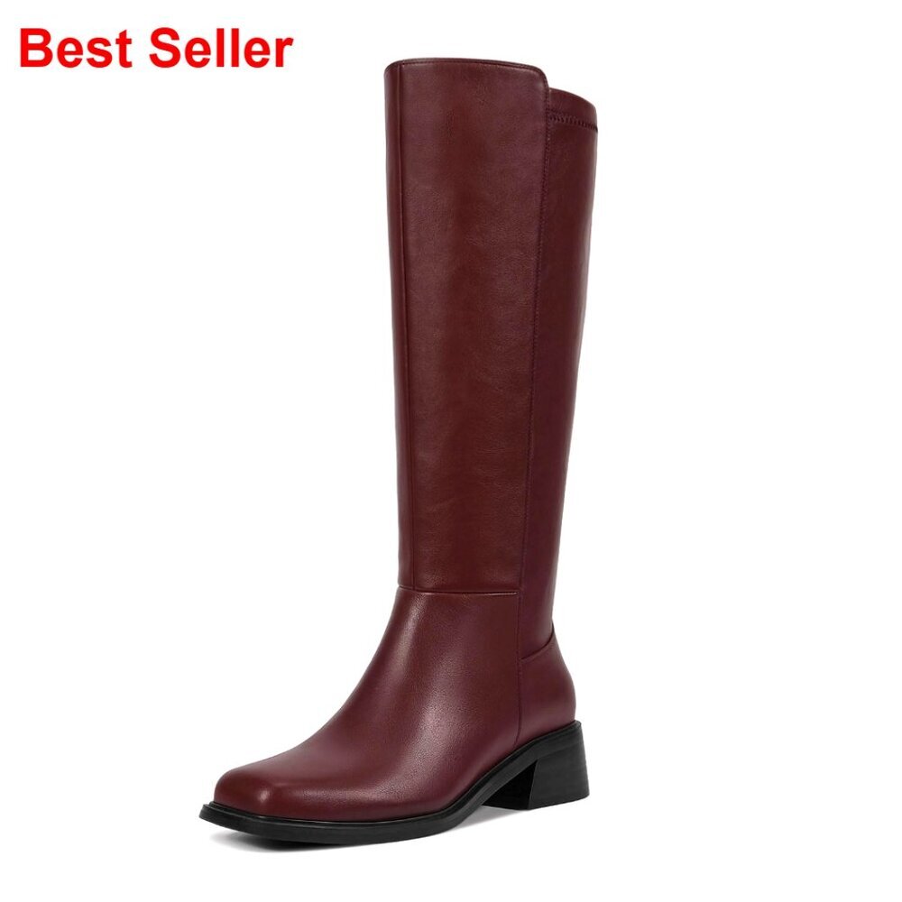 Knee High Boots Women Chunky Low Heel Square Toe Elastic Side Zipper Faux